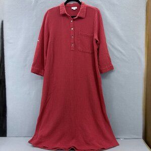 J. Jill Cotton-Gauze Shirtdress in Persimmon Red Orange SZ Small Beachy, Coastal